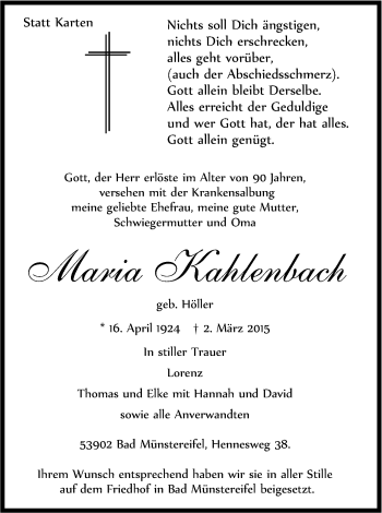 Anzeige von Maria Kahlenbach von Kölner Stadt-Anzeiger / Kölnische Rundschau / Express