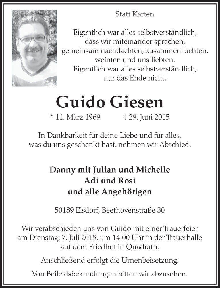  Traueranzeige für Guido Giesen vom 04.07.2015 aus  Sonntags-Post 