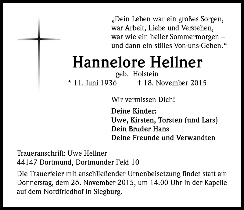 Traueranzeige für Hannelore Hellner vom 21.11.2015 aus Kölner Stadt-Anzeiger / Kölnische Rundschau / Express
