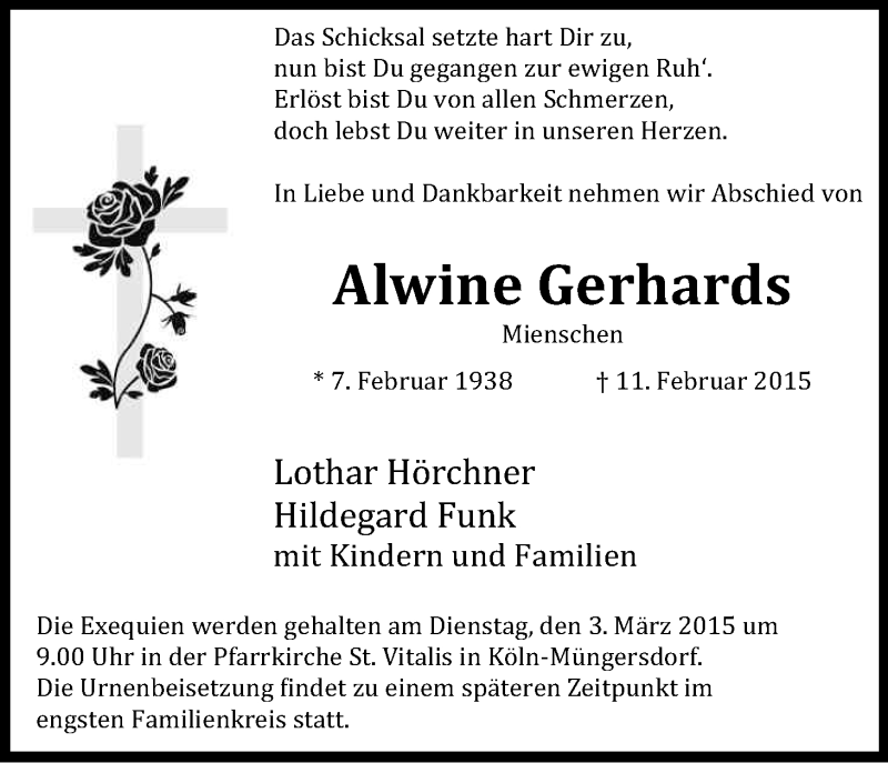  Traueranzeige für Alwine Gerhards vom 25.02.2015 aus Kölner Stadt-Anzeiger / Kölnische Rundschau / Express