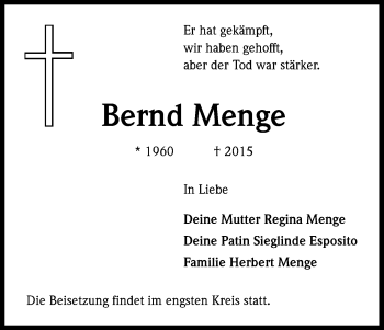 Anzeige von Bernd Menge von Kölner Stadt-Anzeiger / Kölnische Rundschau / Express