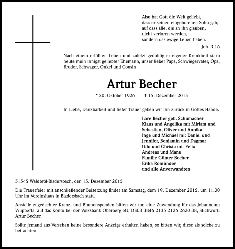  Traueranzeige für Artur Becher vom 17.12.2015 aus Kölner Stadt-Anzeiger / Kölnische Rundschau / Express