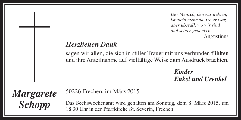  Traueranzeige für Margarete Schopp vom 04.03.2015 aus  Wochenende 