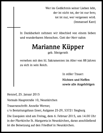 Anzeige von Marianne Küpper von Kölner Stadt-Anzeiger / Kölnische Rundschau / Express