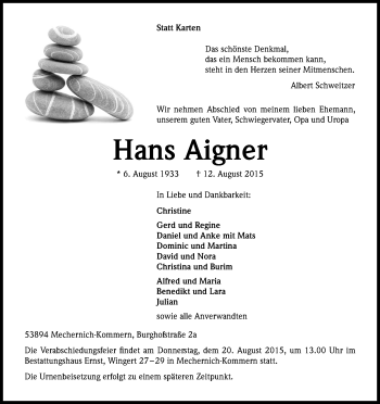 Anzeige von Hans Aigner von Kölner Stadt-Anzeiger / Kölnische Rundschau / Express