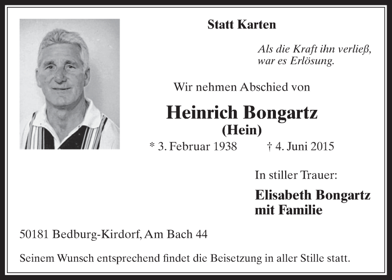  Traueranzeige für Heinrich Bongartz vom 10.06.2015 aus  Werbepost 
