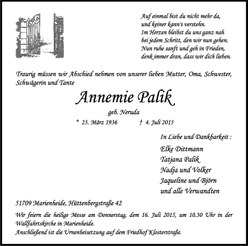 Anzeige von Annemie Palik von Kölner Stadt-Anzeiger / Kölnische Rundschau / Express