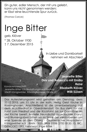 Anzeige von Ingeborg Bitter von Kölner Stadt-Anzeiger / Kölnische Rundschau / Express