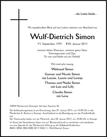 Anzeige von Wulf-Dietrich Simon von Kölner Stadt-Anzeiger / Kölnische Rundschau / Express