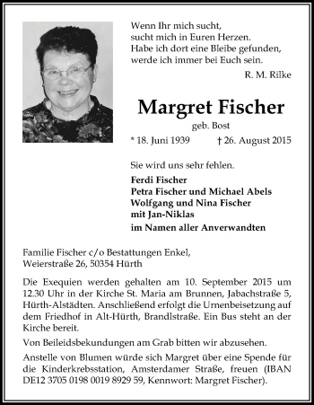 Anzeige von Margret Fischer von Kölner Stadt-Anzeiger / Kölnische Rundschau / Express