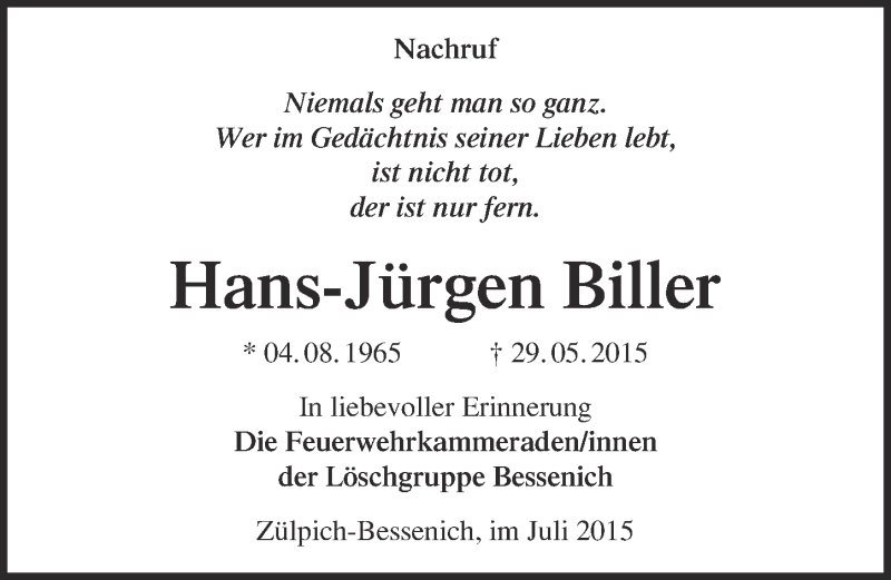  Traueranzeige für Hans-Jürgen Biller vom 05.07.2015 aus  Blickpunkt Euskirchen 
