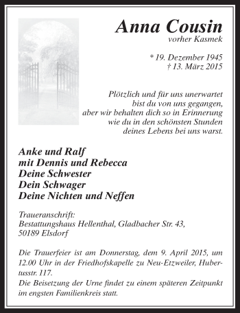 Anzeige von Anna Cousin von  Kölner Wochenspiegel  Werbepost 