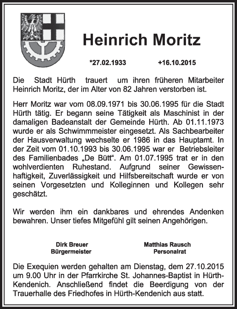 Traueranzeige für Heinrich Moritz vom 24.10.2015 aus  Sonntags-Post 