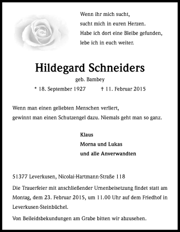 Anzeige von Hildegard Schneiders von Kölner Stadt-Anzeiger / Kölnische Rundschau / Express