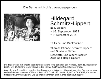 Anzeige von Hildegard Schmitz-Lippert von Kölner Stadt-Anzeiger / Kölnische Rundschau / Express