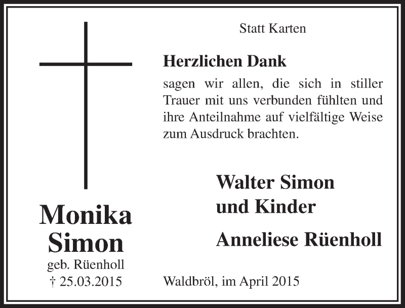 Traueranzeige für Monika Simon vom 22.04.2015 aus  Lokalanzeiger 