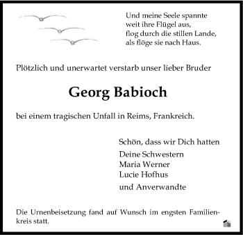 Anzeige von Georg Babioch von Kölner Stadt-Anzeiger / Kölnische Rundschau / Express