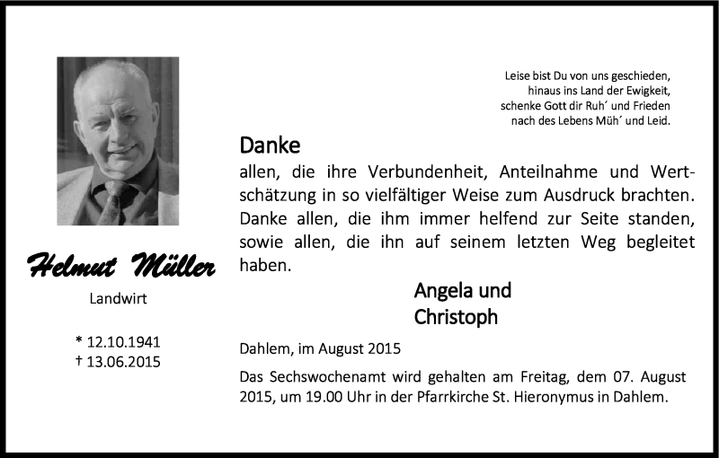  Traueranzeige für Helmut Müller vom 05.08.2015 aus Kölner Stadt-Anzeiger / Kölnische Rundschau / Express