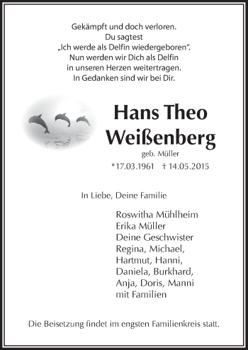 Anzeige von Hans Theo Weißenberg von  Bergisches Sonntagsblatt 