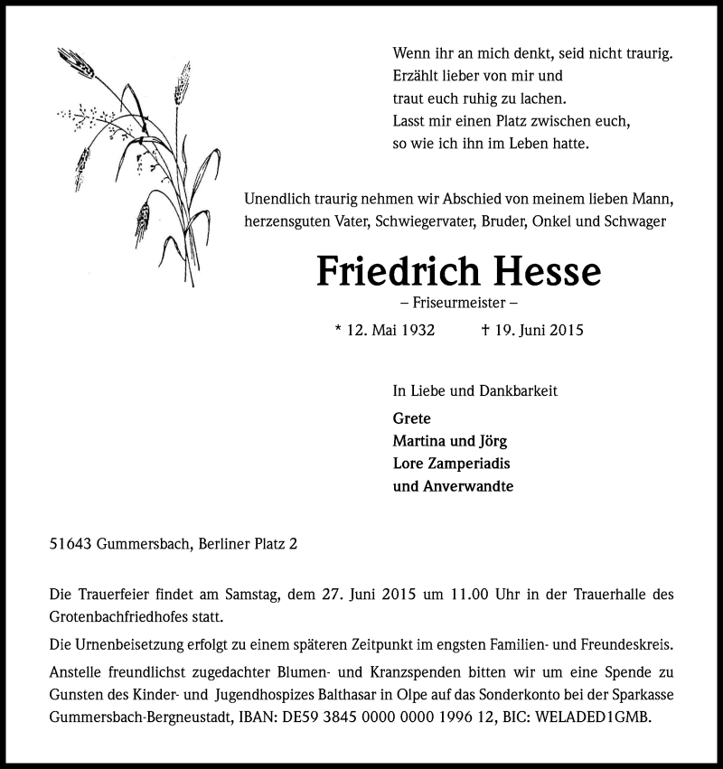 Traueranzeige für Friedrich Hesse vom 23.06.2015 aus Kölner Stadt-Anzeiger / Kölnische Rundschau / Express