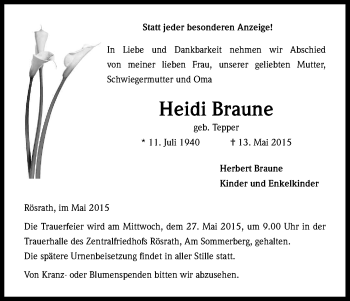 Anzeige von Heidi Braune von Kölner Stadt-Anzeiger / Kölnische Rundschau / Express