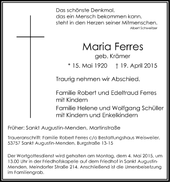 Anzeige von Maria Ferres von Kölner Stadt-Anzeiger / Kölnische Rundschau / Express