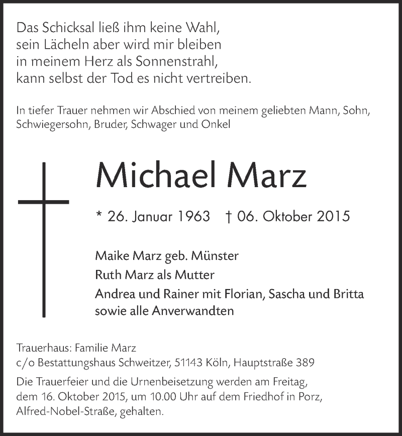  Traueranzeige für Michael Marz vom 14.10.2015 aus  Kölner Wochenspiegel 