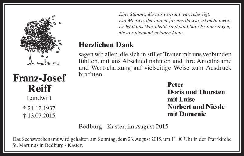  Traueranzeige für Franz-Josef Reiff vom 19.08.2015 aus  Werbepost 