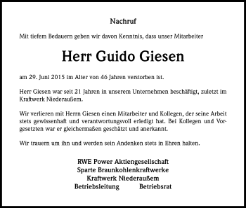 Anzeige von Guido Giesen von Kölner Stadt-Anzeiger / Kölnische Rundschau / Express
