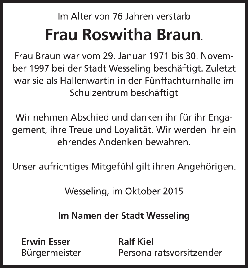  Traueranzeige für Roswitha Braun vom 28.10.2015 aus  Schlossbote/Werbekurier 