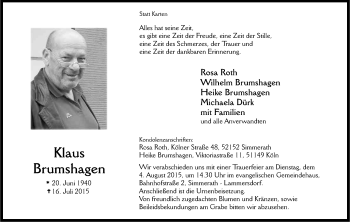 Anzeige von Klaus Brumshagen von Kölner Stadt-Anzeiger / Kölnische Rundschau / Express