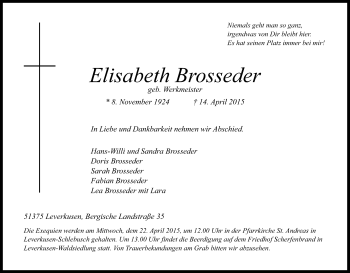 Anzeige von Elisabeth Brosseder von Kölner Stadt-Anzeiger / Kölnische Rundschau / Express