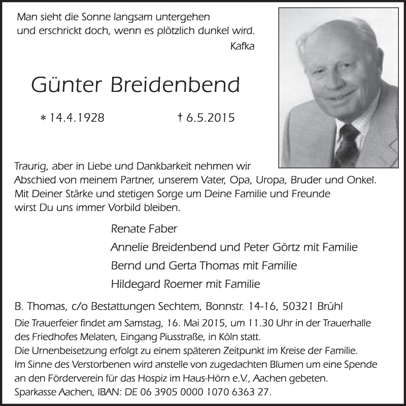  Traueranzeige für Günter Breidenbend vom 13.05.2015 aus  Wochenende 