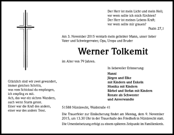Anzeige von Werner Tolkemit von Kölner Stadt-Anzeiger / Kölnische Rundschau / Express