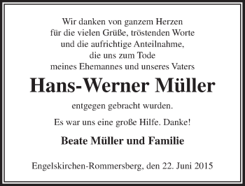 Anzeige von Hans-Werner Müller von  Anzeigen Echo 
