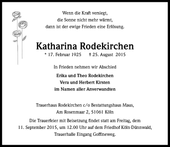 Anzeige von Katharina Rodekirchen von Kölner Stadt-Anzeiger / Kölnische Rundschau / Express