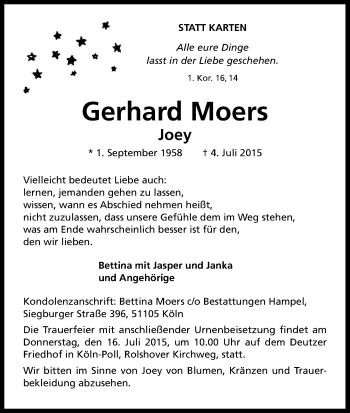 Anzeige von Gerhard Moers von Kölner Stadt-Anzeiger / Kölnische Rundschau / Express