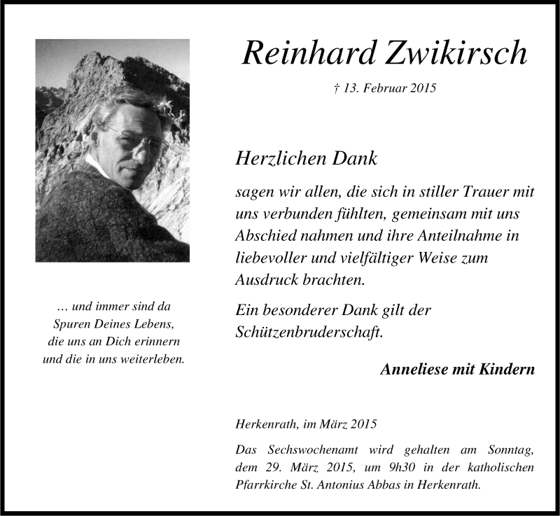  Traueranzeige für Reinhard Zwikirsch vom 21.03.2015 aus Kölner Stadt-Anzeiger / Kölnische Rundschau / Express