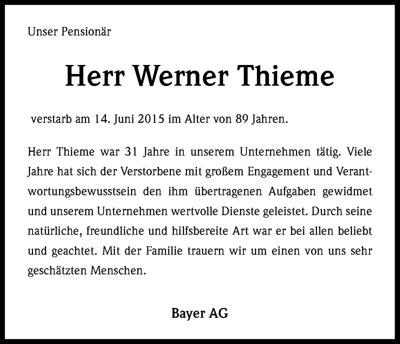  Traueranzeige für Werner Thieme vom 20.06.2015 aus Kölner Stadt-Anzeiger / Kölnische Rundschau / Express