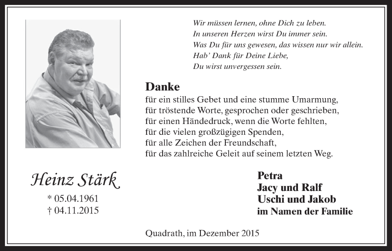  Traueranzeige für Heinz Stärk vom 09.12.2015 aus  Werbepost 