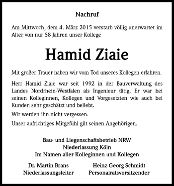 Anzeige von Hamid Ziaie von Kölner Stadt-Anzeiger / Kölnische Rundschau / Express