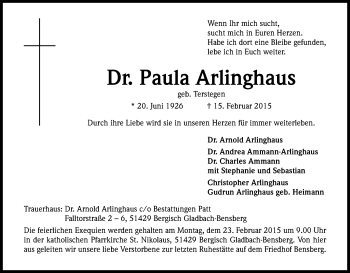 Anzeige von Paula Arlinghaus von Kölner Stadt-Anzeiger / Kölnische Rundschau / Express