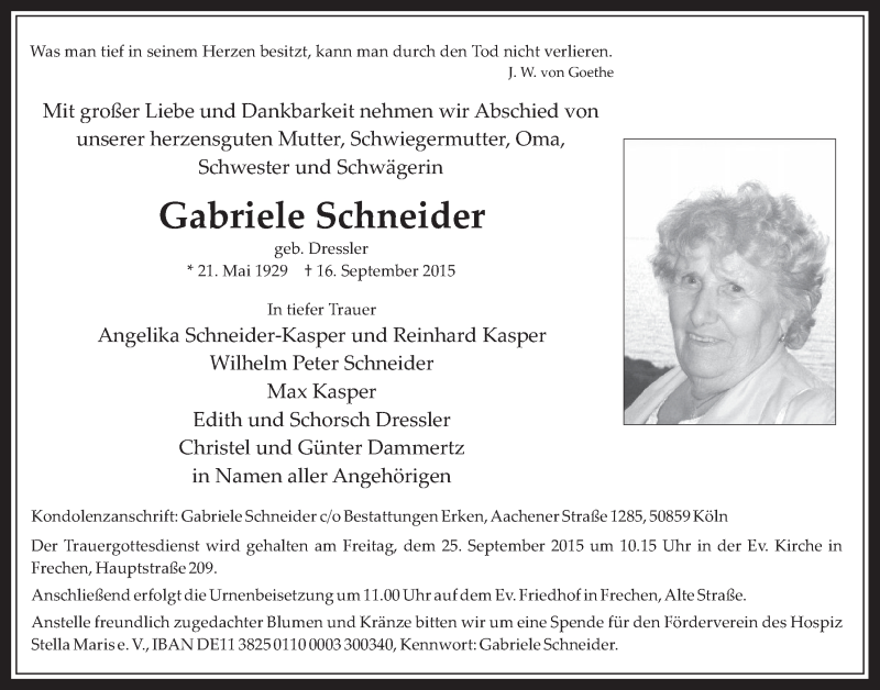  Traueranzeige für Gabriele Schneider vom 23.09.2015 aus  Wochenende 