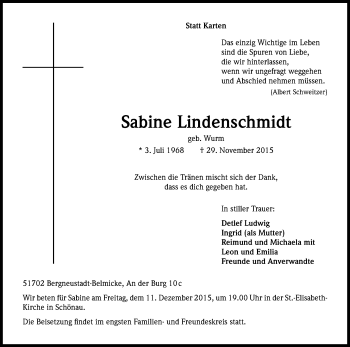Anzeige von Sabine Lindenschmidt von Kölner Stadt-Anzeiger / Kölnische Rundschau / Express