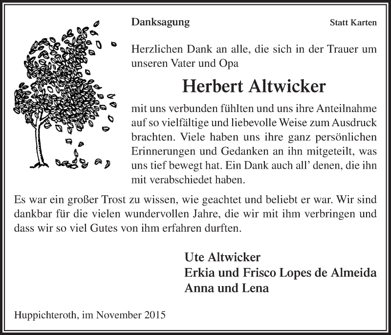  Traueranzeige für Herbert Altwicker vom 11.11.2015 aus  Lokalanzeiger 