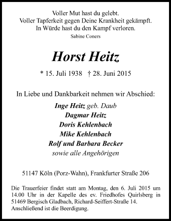 Anzeige von Horst Heitz von Kölner Stadt-Anzeiger / Kölnische Rundschau / Express