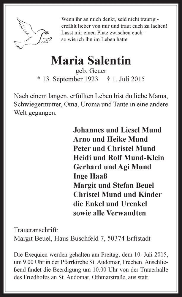 Traueranzeige für Maria Salentin vom 08.07.2015 aus  Wochenende 