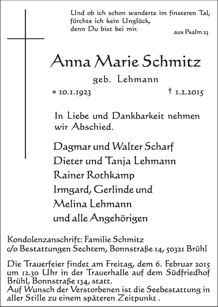  Traueranzeige für Anna Marie Schmitz vom 04.02.2015 aus  Schlossbote/Werbekurier 