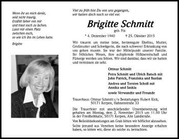 Anzeige von Brigitte Schmitt von Kölner Stadt-Anzeiger / Kölnische Rundschau / Express