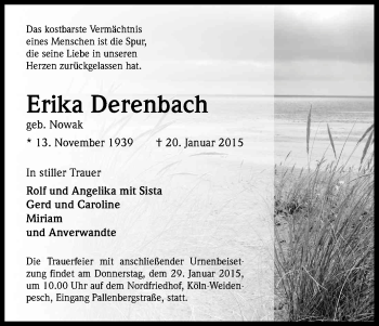 Anzeige von Erika Derenbach von Kölner Stadt-Anzeiger / Kölnische Rundschau / Express
